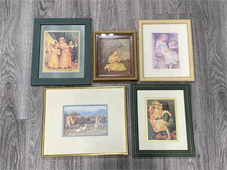 5 FRAMED PICTURES / ART (11”X13.5” LARGEST)