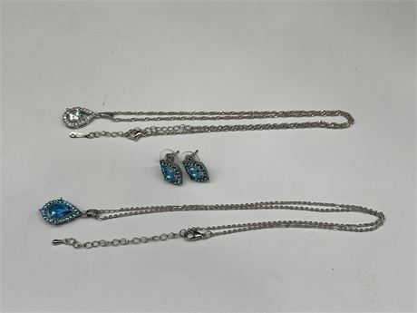 BLUE PENDANT NECKLACE / EARRINGS - 925 STERLING NECKLACE (17” LONG)