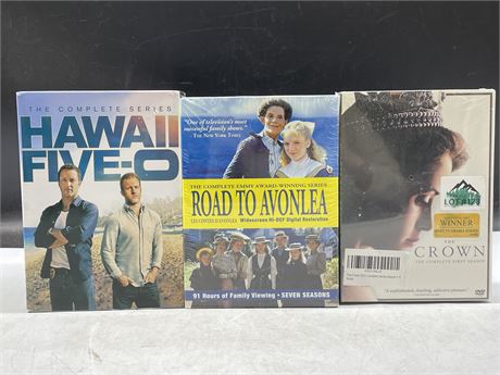 3 COMPLETE SERIES DVD BOX SETS INCL: HAWAII FIVE-O, ROAD TO AVONLEA, & THE CROWN