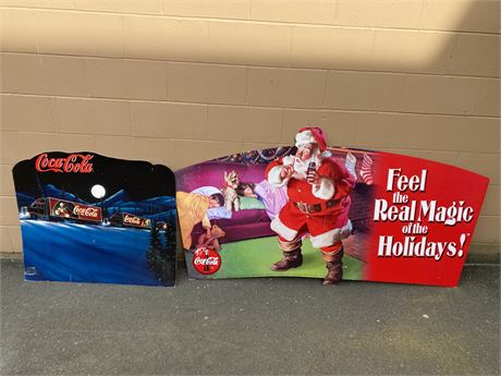 2 ORIGINAL COCA COLA CHRISTMAS CARDBOARD CUTOUTS (Large one is 6ft wide)