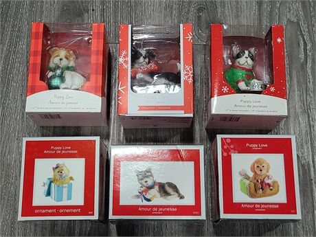6 MISC HEIRLOOM PUPPY LOVE ORNAMENTS