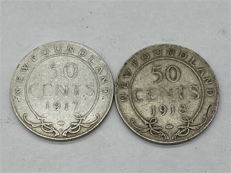1917 + 1918 SILVER  NEWFOUNDLAND 50 CENT COINS