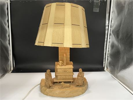 CARON QUEBEC FOLK ART CARVED WOOD LAMP + SHADE (18”)