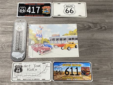 6PC LOT OF ROUTE 66 ITEMS (LARGEST IS 16”X12”)