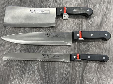 3 HEAVY S&S GERMAN CLEAVER & KNIVES (Longest is 14”)