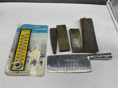 4 KNIFE SHARPENING STONES, THERMOMETER & CLEAVER