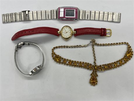 3 WOMENS WATCHES & NECKLACE
