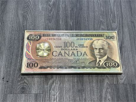 VINTAGE $100 CANADIAN BILL CLOCK 21”x10”