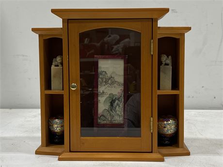 DISPLAY CABINET (11”X10”) W/SOAPSTONE FOODOGS, CLOISONNÉ, & FOLDING SCREEN