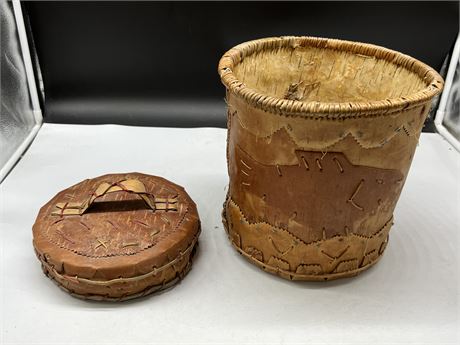 1ST NATIONS LIDDED CONTAINER MADE OF BARK W/SMALL BEADS (12” tall)