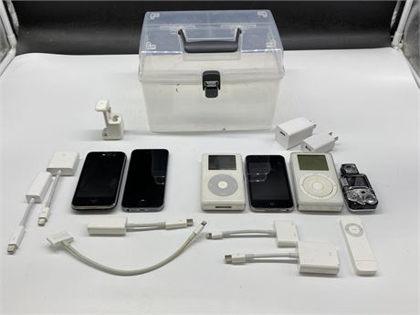 APPLE LOT - 2 IPHONES, 4 IPODS, CABLES ETC.