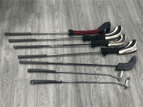 MISC. GOLF CLUBS INCLUDING CLEVELAND LAUNCHER WOOD SET - 7 TOTAL