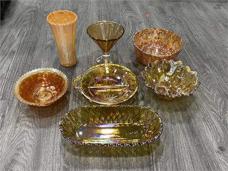 6PC OF ORANGE CARNIVAL GLASS DISHES
