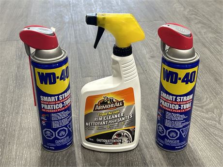 2 NEW CANS OF WD40 & NEW ARMORALL RIM CLEANER