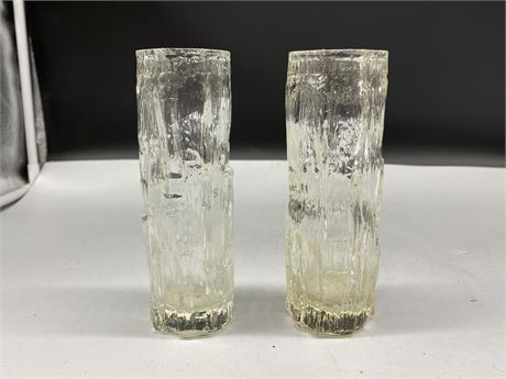 2 MID CENTURY TREE TRUNK GLASS VASES BY WHITEFRIARS (6.5” tall)