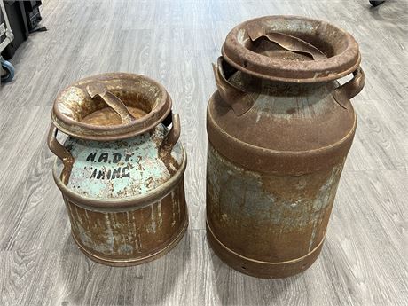 2 VINTAGE METAL MILK CANS (Tallest is 23” tall)
