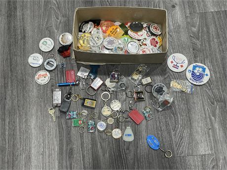 FLAT OF MISC KEY CHAINS & PINS