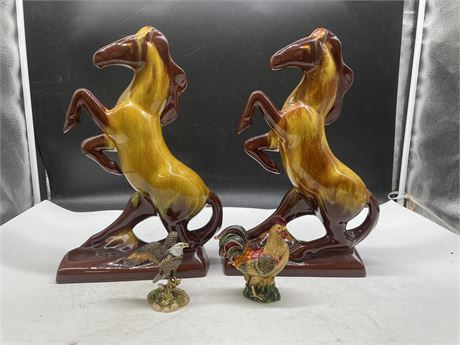 2 BLUE MOUNTAIN POTTERY HORSES & 2 BEJEWELLED TRINKET BIRD BOXES