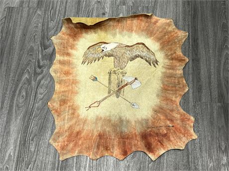 SIGNED EAGLE PAINTING ON LEATHER (24”x27”)