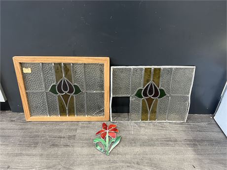 3 VINTAGE STAINED GLASS PIECES - SOME HAVE CRACKS / ONE MISSING PANEL