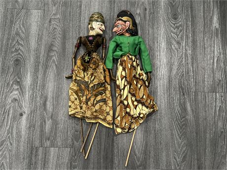 2 VINTAGE WAYANG HAND CARVED / PAINTED PUPPETS - 22” LONG