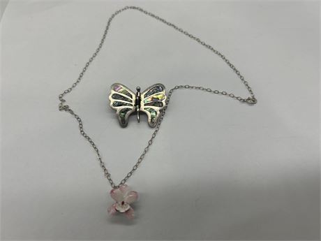 FLOWER PENDANT NECKLACE & 925 STERLING & ABALONE BUTTERFLY CLASP