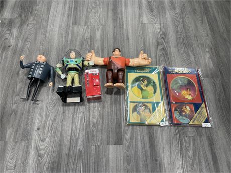 LOT OF COLLECTABLES INCL: DISNEY FIGURES & COLLECTOR’S SOUNTRACKS, TALKING GRU,