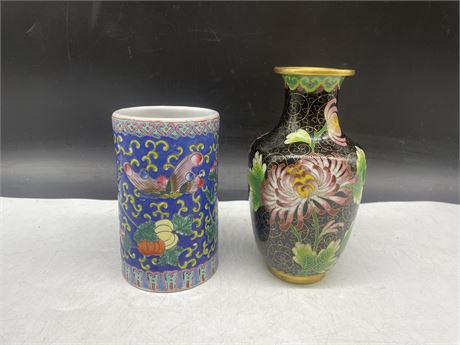 CLOISONNÉ VASE WITH HAND PAINTED VASE 7”