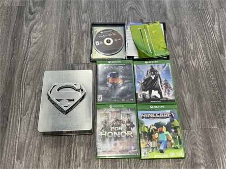 5 XBOX ONE GAMES & STEEL BOX SUPERMAN BOX SET