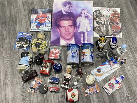 LARGE LOT OF NHL COLLECTABLES & JFK PICTURE