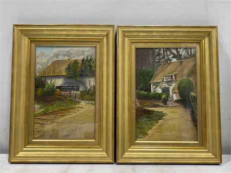 PAIR OF ANTIQUE ORIGINAL COTTAGE PAINTINGS SIGNED E. PIPER - 12’ X 16’