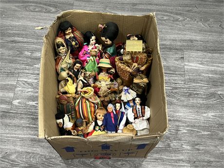 BOX OF EARLY WORLD DOLLS - SOME HAND MADE