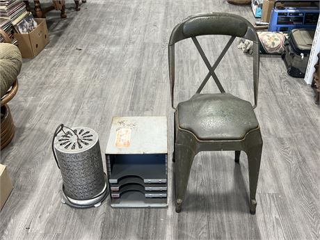 VINTAGE INDUSTRIAL ITEMS - HEATER, CHAIR, FILING CABINET