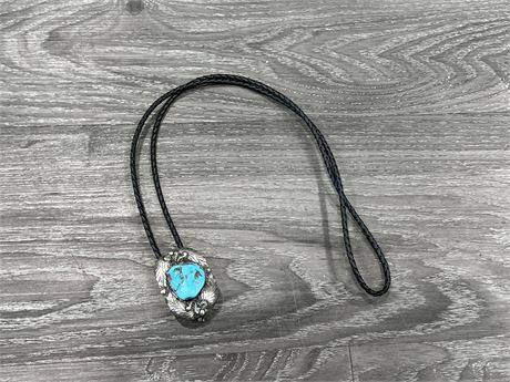ANTIQUE STERLING SILVER TURQUOISE “BOLO TIE” - 2” LONG PENDANT