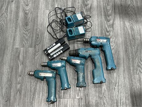 LOT OF CORDLESS MIKITA DRILLS + BATTERIES & CHARGERS