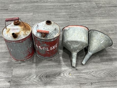 2 VINTAGE GAS CANS W/METAL FUNNELS