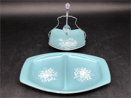 2 BLUE ROSE PRINT DISHES (BUTTER DISH WITH SPOON)