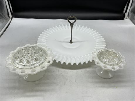 LARGE MILK GLASS TRAY & 2 MILK GLASS ELEVATED BOWLS / STRAW HOLDERS (Tray is 14”
