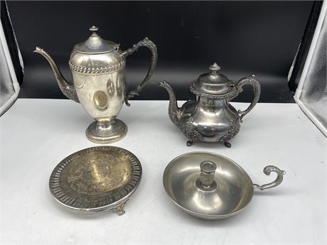 2 VINTAGE PLATED TEAPOTS / PEWTER CANDLE HOLDER / ECT