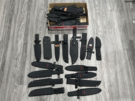 APPRX 30+ NEW KNIFE SHEATHS - ASSORTED SIZES - MOSTLY 10” LONG