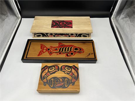 3 FIRST NATIONS CEDAR BOXES - LARGEST IS 18”x8”