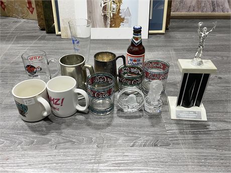 RED ROBINSON TROPHY, MUGS, GLASSES, BOTTLE OF LABATTS RED