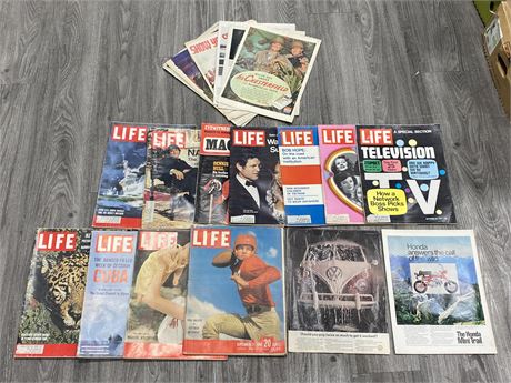 LARGE LOT OF VINTAGE LIFE MAGAZINES & WW2 FULL PAGE ADS