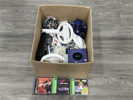 BOX OF NINTENDO SYSTEMS, CONTROLLERS, GAMES & ACCESSORIES - NOT TESTED / AS IS