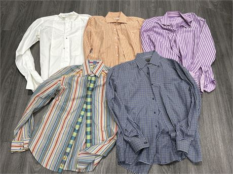 LOT OF 5 HIGH END DRESS SHIRTS - SIZES + BRANDS IN PHOTOS