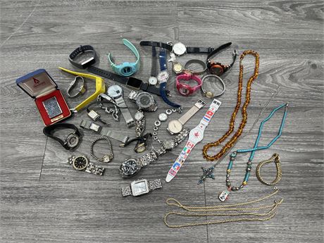 LOT OF MISC WATCHES (MOSTLY FOR PARTS), LIGHTER, GOLD PLATED NECKLACES & ECT