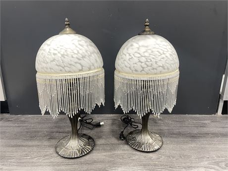 PAIR OF GLASS, METAL BASE W/ BEADED FRINGE - 20” TALL