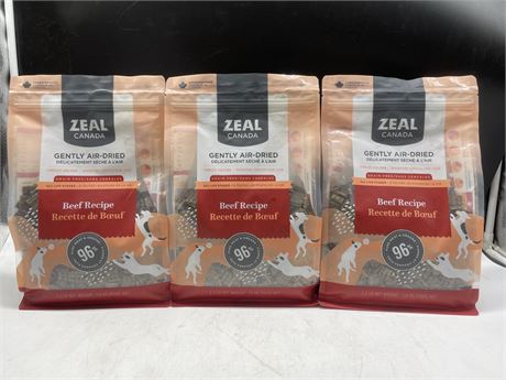 (3 NEW) BAGS OF ZEAL CANADA GENTLY AIR-DRIED COMPLETE DOG FOOD BEEF RECIPE