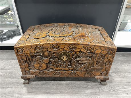 VINTAGE CHINESE HEAVILY HAND CARVED TRUNK - 33”x16”x20”