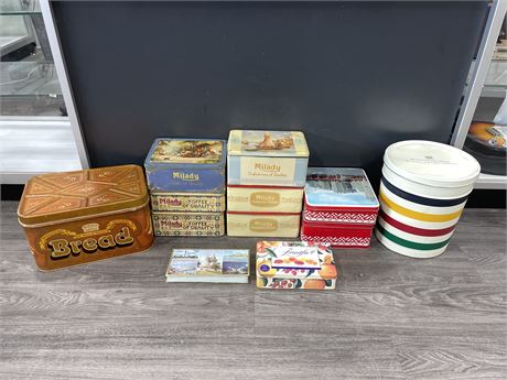 COLLECTION OF TINS / BOXES - SOME VINTAGE - BREAD BOX IS 14”x10”